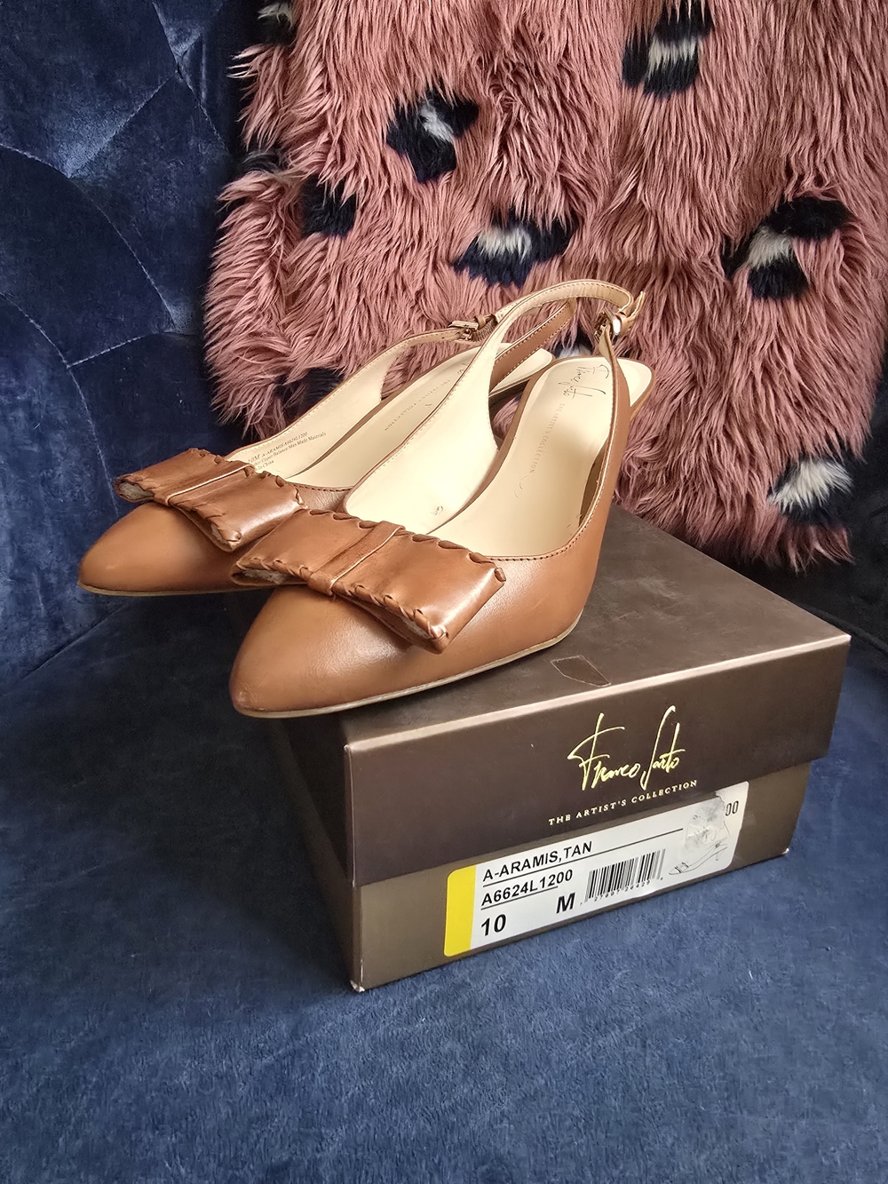 Franco Sarto Tan Slingback Pointed-Toe Flats with Bow